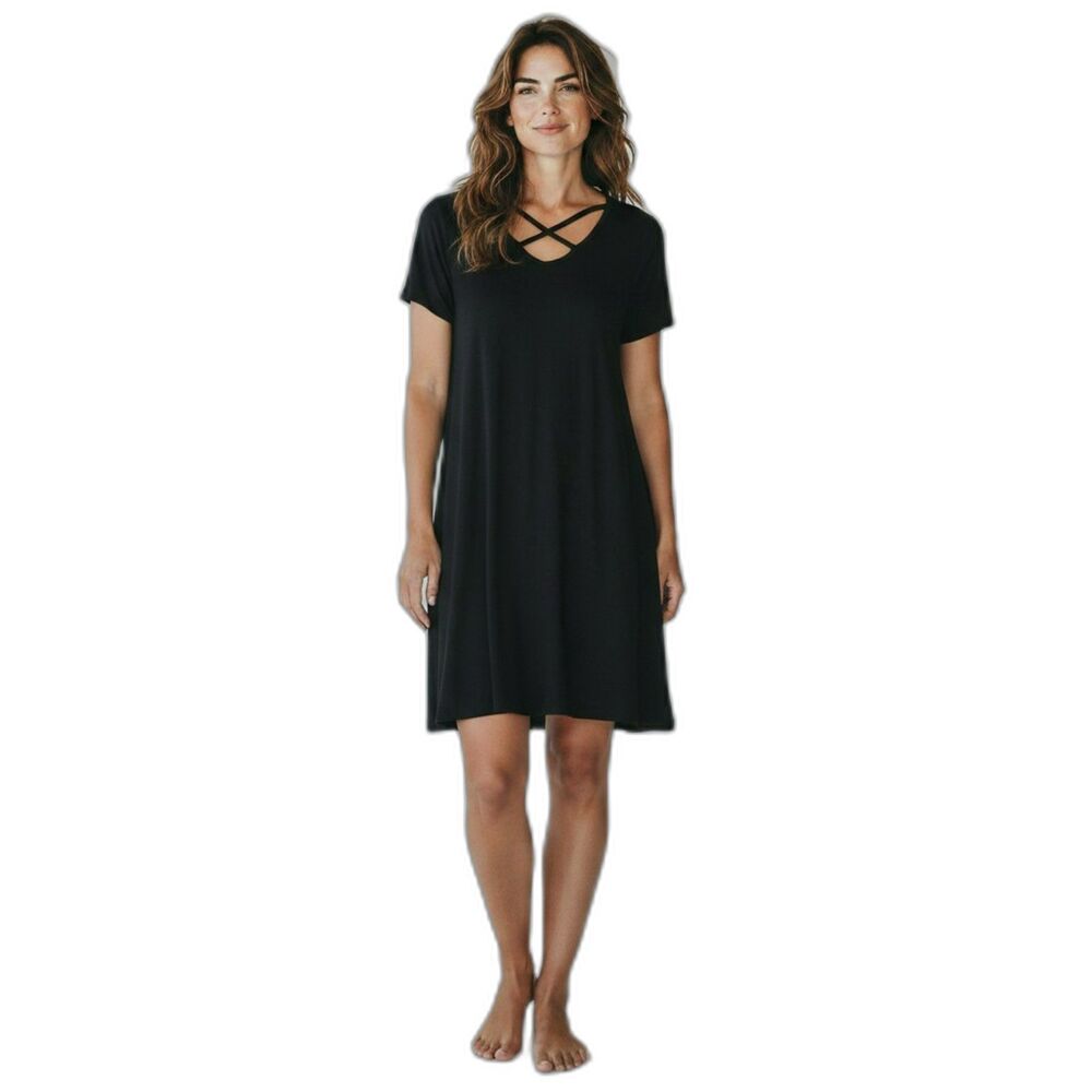 TBH Size S Black Cotton Lace Up Neckline Stretch Knit Dress # 66